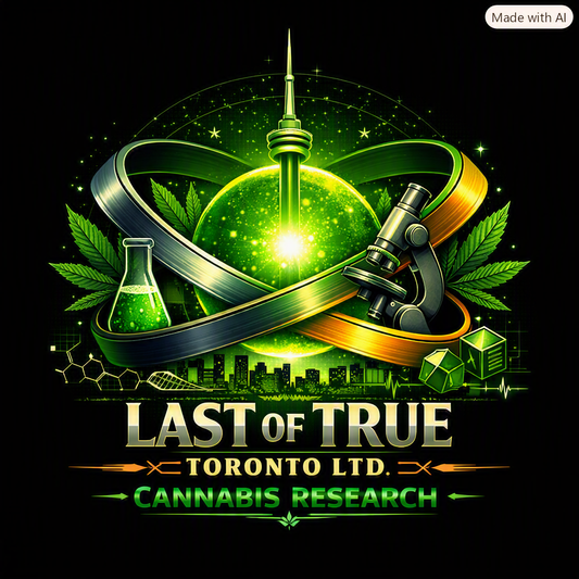 LAST OF TRUE TORONTO, LTD.™ Cannabis Research emblem — orbital rings with CN Tower, microscope, and cannabis leaves representing the Cannabis & Accessibility Research Initiative™